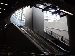 Looking up the escalators from the Overground southbound platform level to the ticket hall level