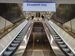 Looking up to the Elizabeth line platforms from by the tunnel to the Bakerloo line