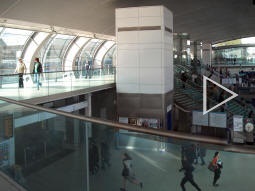 Panorama of Jubilee line concourse from entrance to DLR Stratford branch. DLR Stratford International branch platforms in centre, Jubilee line platforms to right (auto-stitched from multiple photos)