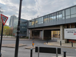 Looking up to the station on the eastbound side