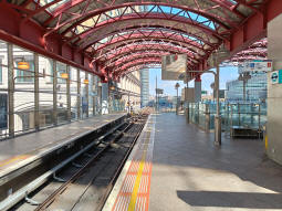 West India Quay station can be seen from one of the platforms for trains to Bank
