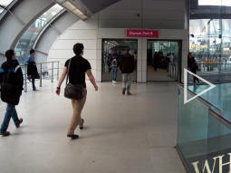 South entrance to right, new mezzanine entrance to left leading to part way up stairs to bridge over station to Westfield Stratford City (multiple photos auto-stitched together)